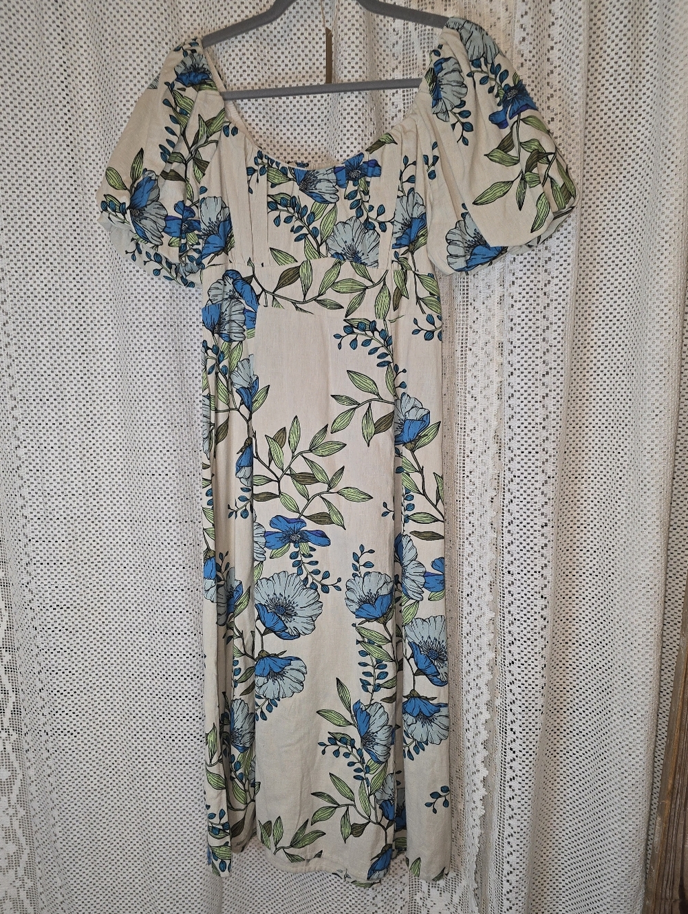 Tulip Creations Boho Floral Dress Linen Short Puff Sleeve Midi Womens Small